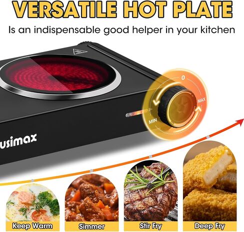 Electric Hot Plate,Cusimax Double Portable Electric Stove,1800w Infrared,Adjustable Temperature Control,Ceramic Glass Cooktop Burner,Compatible Of All Cookware,Stainless Steel,Silver+Black in Saudi Arabia