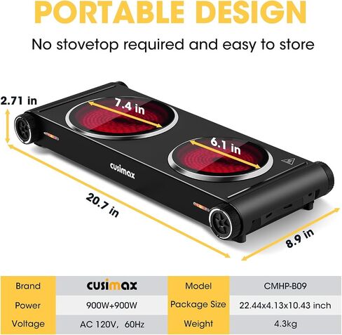 Electric Hot Plate,Cusimax Double Portable Electric Stove,1800w Infrared,Adjustable Temperature Control,Ceramic Glass Cooktop Burner,Compatible Of All Cookware,Stainless Steel,Silver+Black in Saudi Arabia