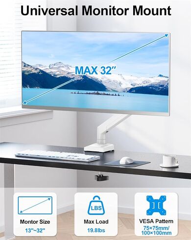 Single Monitor Mount Arm Fits Monitor up to 32 Inch, Monitor Desk Mount Holds 4.4-19.8lbs Computer Screen, Full Motion Gas Spring Monitor Desk Mount, VESA Mount 75x75, 100x100, Freelift in Saudi Arabia