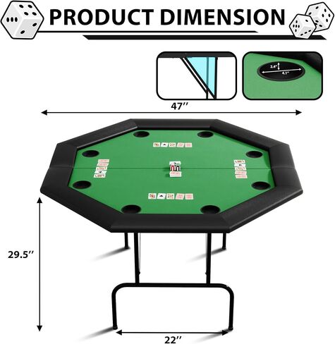 Octagon Poker Table with 8 Cup Holders, Casino Leisure Table for 8 Players, Blackjack Gaming Table with Water-Resistant Cushioned Rail in Saudi Arabia