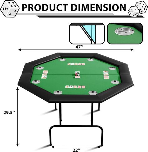 Octagon Poker Table with 8 Cup Holders, Casino Leisure Table for 8 Players, Blackjack Gaming Table with Water-Resistant Cushioned Rail in Saudi Arabia