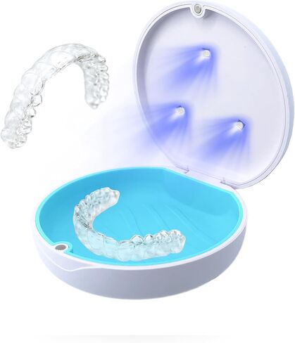 UV Retainer Case for Invisalign, Aligners, Dental Braces, Mouth Guard, Dentures and Night Guard - Small and Portable UV Retainer Cleaner Case with UVC Lights - White & Blue in Kuwait