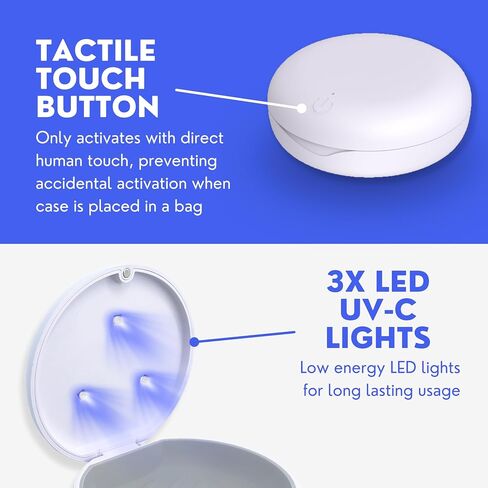 UV Retainer Case for Invisalign, Aligners, Dental Braces, Mouth Guard, Dentures and Night Guard - Small and Portable UV Retainer Cleaner Case with UVC Lights - White & Blue in Kuwait
