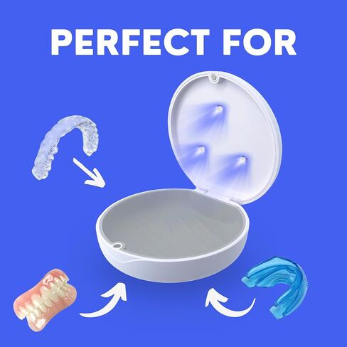 UV Retainer Case for Invisalign, Aligners, Dental Braces, Mouth Guard, Dentures and Night Guard - Small and Portable UV Retainer Cleaner Case with UVC Lights - White & Blue in Kuwait