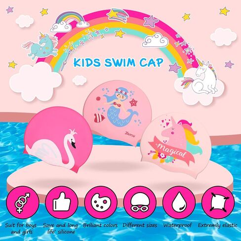 Syhood 3 Pcs Kids Swim Caps Baby Waterproof Bathing Caps Children Cartoon Swimming Hat for Long Short Hair Kids Boys Girls in Saudi Arabia