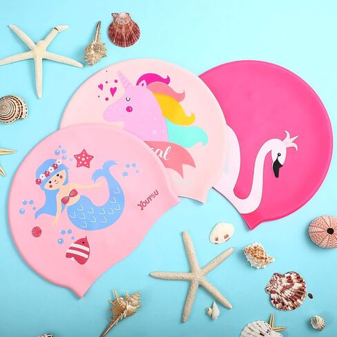 Syhood 3 Pcs Kids Swim Caps Baby Waterproof Bathing Caps Children Cartoon Swimming Hat for Long Short Hair Kids Boys Girls in Saudi Arabia