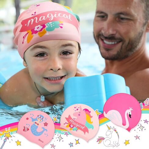 Syhood 3 Pcs Kids Swim Caps Baby Waterproof Bathing Caps Children Cartoon Swimming Hat for Long Short Hair Kids Boys Girls in Saudi Arabia