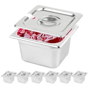 Restlrious Hotel Pan 1/6 Size Stainless Steel Steam Table Pan with Lid, 6" Deep Chafer Food Pan, Pack of 6 Stackable Anti-Jam Steam Pan for Hotel, Restaurant Supplies, Party, Buffet & Event Catering