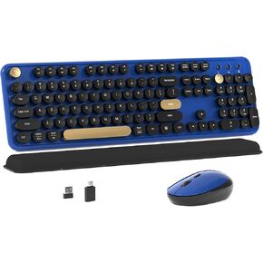 Colorful Wireless Computer Keyboard and Mouse Combo with Round Typewriter Keycaps, Retro Design, Power Switch, Ergonomic Design, 2.4GHz Wireless for Windows, Mac, PC(Black-Purple)