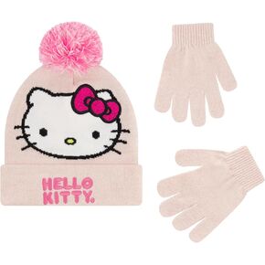 Hello Kitty Beanie Hat and Gloves Set, Girls Cuffed Marled Winter Knit Cap with Pom and Matching Mittens, Pink, One Size