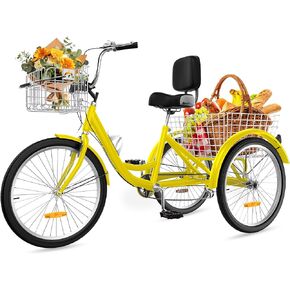 DWVO 24 26 Inch Adult Tricycle, Single Speed 7-Speed 3-Wheel Bike for Adults, Trike for Women Men with Detachable Front and Rear Baskets for Picnic Exercise Shopping