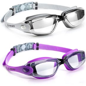Keary 2 Pack Anti-Fog Swim Goggles for Adult Youth Kids 6+, Anti-UV Waterproof Triathlon Pool Goggles with 3 Nose Pieces