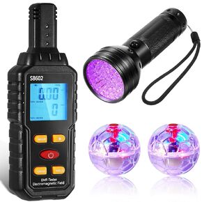 Dunzy Ghost Hunting Equipment Kit, Include 1 PC Emf Meter 1 PC Black UV Flashlight and 2 Pcs Motion Light up Cat Balls, Paranormal Equipment Ghost Hunting Tools for Home Office Outdoor Ghost Hunting
