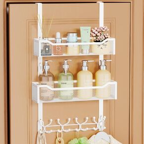 SWTYMIKI Over The Door Hooks Organizer - Multi-Functional Door Hanger with 16 Hooks & 2 Mesh Baskets, Long Over Door Coat Rack for Bathroom, Bedroom, Living Room, Home Door Storage Organizer, White