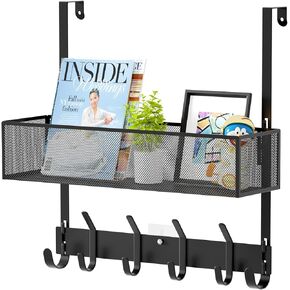 LUCYCAZ Adjustable Over The Door Hooks Organizer, Door Hanger Storage with 10 Coat Hooks & 2 Mesh Basket, Over The Door Towel Rack Door Organizer for Bathroom,Bedroom,Kitchen (White)