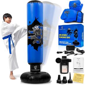 THB Punching Bag for Kids - Inflatable Punching Bag Stand with Boxing Gloves for Kids Age 3-8, 63" Ninja Boxing Bag with Electric Pump Air to Practice Taekwondo, Karate, MMA, Bouncing Back Boxing Set