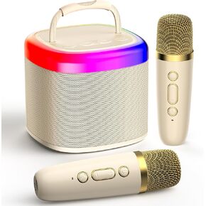 JYX Mini Karaoke Machine for Kids, Portable Bluetooth Karaoke Speaker Unpowered Cabinets with 2 Wireless Microphones and Party Lights for Adults, Birthday Gifts for Girls Boys Family Home Party(Beige)