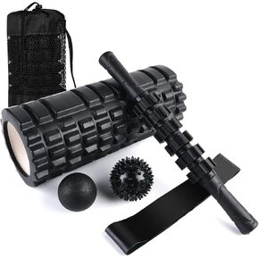 6 in1 Foam Roller Set, Trigger Point Foam Roller, Yoga Stick, Massage Ball, Fixation Ball, Fitness Stretching Strap, Carrying Bag, Towel for Deep Muscle Massage Pilates Yoga