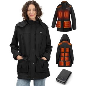 Heated Jacket for Women with Battery Pack 7.4V/16000mAh, Winter Heating Long Coat with Detachable Hood