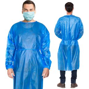 AMZ Blue Disposable Isolation Gown, Large. Pack of 10 PP + PE Disposable Gowns Medical. Medical Isolation Gowns Disposable. Personal Protective Gown Disposable with Neck, Waist Ties, Elastic Wrists