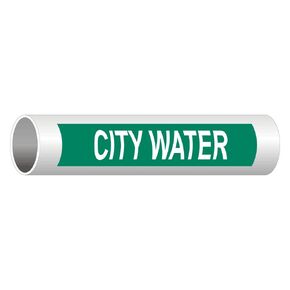 ComplianceSigns.com City Water (White Legend On Green Background) Pipe Label Decal, 8x2 in. 5-Pack Vinyl for Pipe Markers