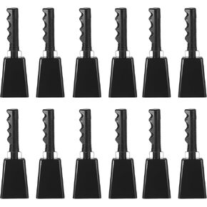 PATIKIL 9inch Cow Bells for Football Games, 12pcs Cowbells for Sporting Events Bulk Loud Noise Makers Metal Cow Bell with Handle for Cheering Competition Marathon Wedding DIY Paint, Black