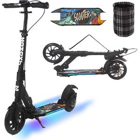 Kick Scooter for Kid Ages 6+,Teens & Adults w/Light Up Deck, Adjustable Handlebar, Foldable Big Wheels Scooter, Commuter Adult Scooters with Hand Brake & Shock Absorption, Max Load 300 LBS