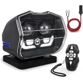 LED Search Light Wireless Remote Control 360°Rotating Automatic Search Spotlight with Strong Magnetic Base Permanent Mount for Boat Marine Truck Off Road SUV-White