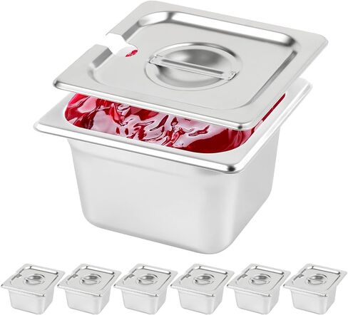 Restlrious Hotel Pan 1/6 Size Stainless Steel Steam Table Pan with Lid, 6" Deep Chafer Food Pan, Pack of 6 Stackable Anti-Jam Steam Pan for Hotel, Restaurant Supplies, Party, Buffet & Event Catering in Saudi Arabia