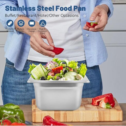 Restlrious Hotel Pan 1/6 Size Stainless Steel Steam Table Pan with Lid, 6" Deep Chafer Food Pan, Pack of 6 Stackable Anti-Jam Steam Pan for Hotel, Restaurant Supplies, Party, Buffet & Event Catering in Saudi Arabia