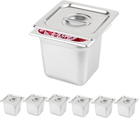 Restlrious Hotel Pan 1/6 Size Stainless Steel Steam Table Pan with Lid, 6" Deep Chafer Food Pan, Pack of 6 Stackable Anti-Jam Steam Pan for Hotel, Restaurant Supplies, Party, Buffet & Event Catering in Saudi Arabia