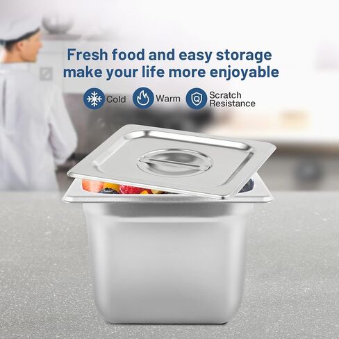 Restlrious Hotel Pan 1/6 Size Stainless Steel Steam Table Pan with Lid, 6" Deep Chafer Food Pan, Pack of 6 Stackable Anti-Jam Steam Pan for Hotel, Restaurant Supplies, Party, Buffet & Event Catering in Saudi Arabia