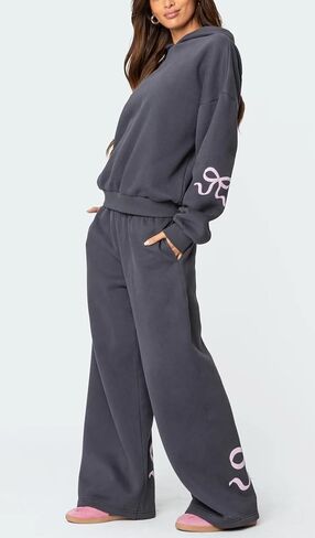 Bow Print Sweat Set for Women Two Piece Tracksuit Long Sleeve Oversized Hoodie Wide Leg Sweatpants 2 Piece Outfits in Kuwait