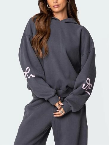 Bow Print Sweat Set for Women Two Piece Tracksuit Long Sleeve Oversized Hoodie Wide Leg Sweatpants 2 Piece Outfits in Kuwait