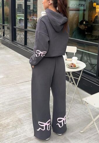 Bow Print Sweat Set for Women Two Piece Tracksuit Long Sleeve Oversized Hoodie Wide Leg Sweatpants 2 Piece Outfits in Kuwait
