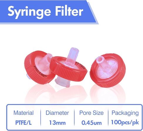 Syringe Filters Hydrophilic PTFE Membrane 100PCS, 0.45um Pore Size,13mm Disc Diameter,HPLC and GC Needle Filter, Non-Sterile in Saudi Arabia