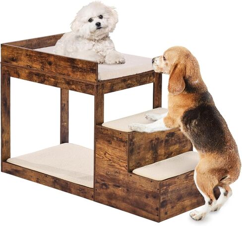 VEVOR Pet Bunk Bed with Stairs, Dog/Cat Window Perch with Storage, Multi-Level Bed Window Perch Dog Bedside Sleeper Couch, Pet Seat Platform for Medium Size Pet, Indoor Use (Dark Brown) in Saudi Arabia