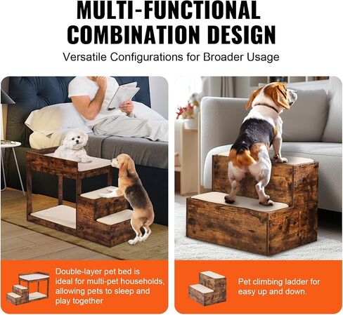 VEVOR Pet Bunk Bed with Stairs, Dog/Cat Window Perch with Storage, Multi-Level Bed Window Perch Dog Bedside Sleeper Couch, Pet Seat Platform for Medium Size Pet, Indoor Use (Dark Brown) in Saudi Arabia