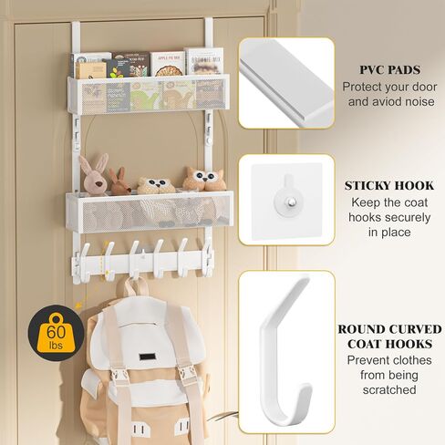 LUCYCAZ Adjustable Over The Door Hooks Organizer, Door Hanger Storage with 10 Coat Hooks & 2 Mesh Basket, Over The Door Towel Rack Door Organizer for Bathroom,Bedroom,Kitchen (White) in Saudi Arabia
