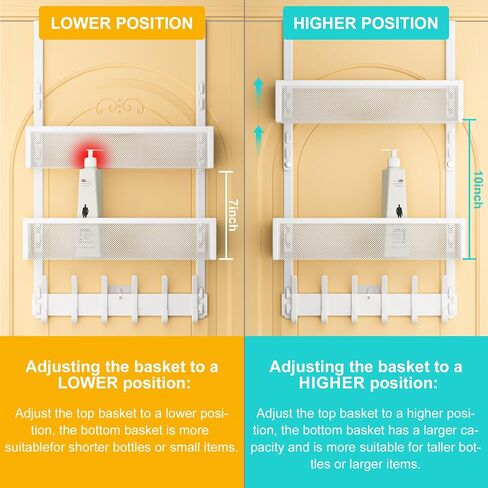 LUCYCAZ Adjustable Over The Door Hooks Organizer, Door Hanger Storage with 10 Coat Hooks & 2 Mesh Basket, Over The Door Towel Rack Door Organizer for Bathroom,Bedroom,Kitchen (White) in Saudi Arabia