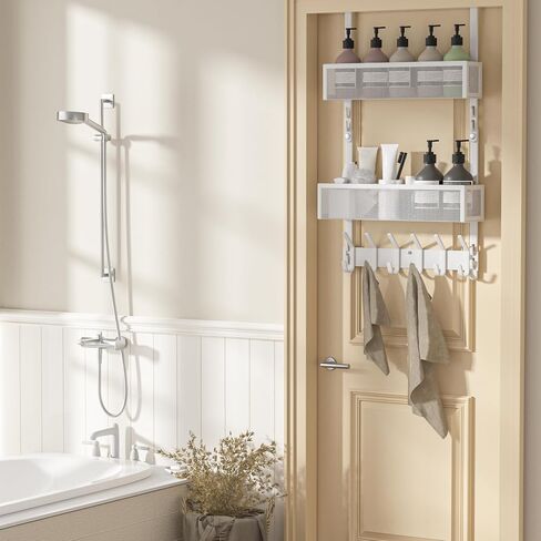 LUCYCAZ Adjustable Over The Door Hooks Organizer, Door Hanger Storage with 10 Coat Hooks & 2 Mesh Basket, Over The Door Towel Rack Door Organizer for Bathroom,Bedroom,Kitchen (White) in Saudi Arabia