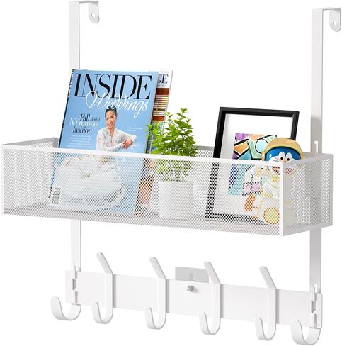 LUCYCAZ Adjustable Over The Door Hooks Organizer, Door Hanger Storage with 10 Coat Hooks & 2 Mesh Basket, Over The Door Towel Rack Door Organizer for Bathroom,Bedroom,Kitchen (White) in Saudi Arabia