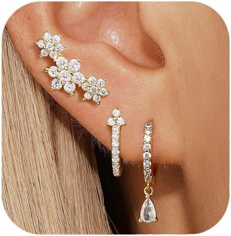 QUINBY Gold Hoop Earring Sets For Women,14k Gold Plated Cartilage Earring Hoop,Leaf Dangle Hypoallergenic Small Jewelry Multiple Piercing Earring Hoop Stack in Kuwait