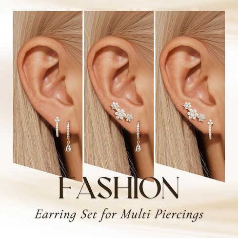 QUINBY Gold Hoop Earring Sets For Women,14k Gold Plated Cartilage Earring Hoop,Leaf Dangle Hypoallergenic Small Jewelry Multiple Piercing Earring Hoop Stack in Kuwait