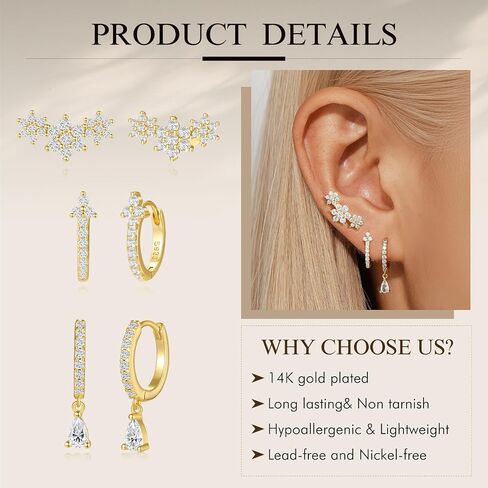 QUINBY Gold Hoop Earring Sets For Women,14k Gold Plated Cartilage Earring Hoop,Leaf Dangle Hypoallergenic Small Jewelry Multiple Piercing Earring Hoop Stack in Kuwait