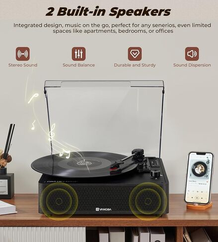 Vangoa Vinyl Record Player with 2 Built-in Speakers, Wireless Belt Drive Turntable Support 3 Speed 3 Size, AUX-in, Headphone, RCA All-in-one Retro Vinyl Players, RP-02, Black in Saudi Arabia