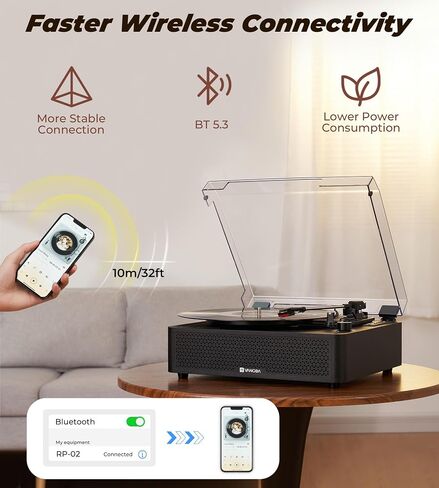 Vangoa Vinyl Record Player with 2 Built-in Speakers, Wireless Belt Drive Turntable Support 3 Speed 3 Size, AUX-in, Headphone, RCA All-in-one Retro Vinyl Players, RP-02, Black in Saudi Arabia