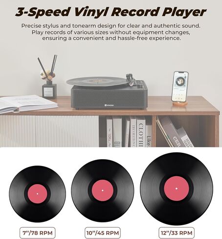 Vangoa Vinyl Record Player with 2 Built-in Speakers, Wireless Belt Drive Turntable Support 3 Speed 3 Size, AUX-in, Headphone, RCA All-in-one Retro Vinyl Players, RP-02, Black in Saudi Arabia
