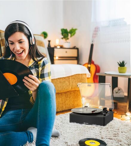 Vangoa Vinyl Record Player with 2 Built-in Speakers, Wireless Belt Drive Turntable Support 3 Speed 3 Size, AUX-in, Headphone, RCA All-in-one Retro Vinyl Players, RP-02, Black in Saudi Arabia