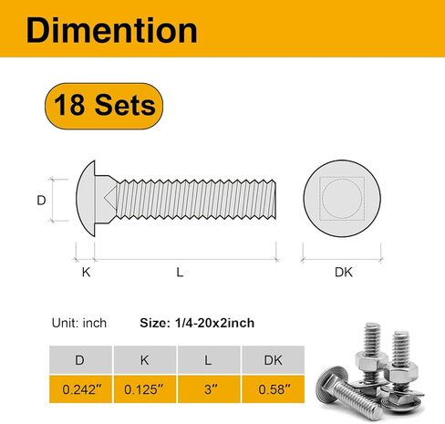 8Pcs Carriage Bolts 5/16-18x5/8 Inch, 304 Stainless Steel Full Thread with Round Head Square Neck, Hex Nuts & Washers for Woodworking, Furniture, and Outdoor Projects in Kuwait